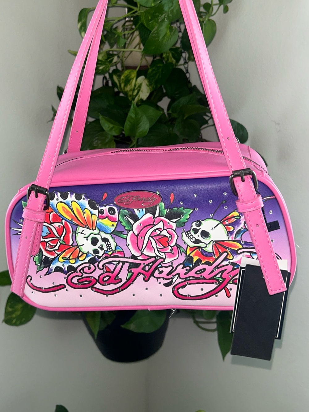 Ed Hardy Pink and Purple Floral Skull Shoulder Bag